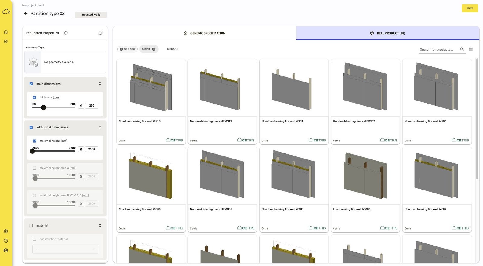 CETRIS-väggsystem som visas i bimproject.cloud