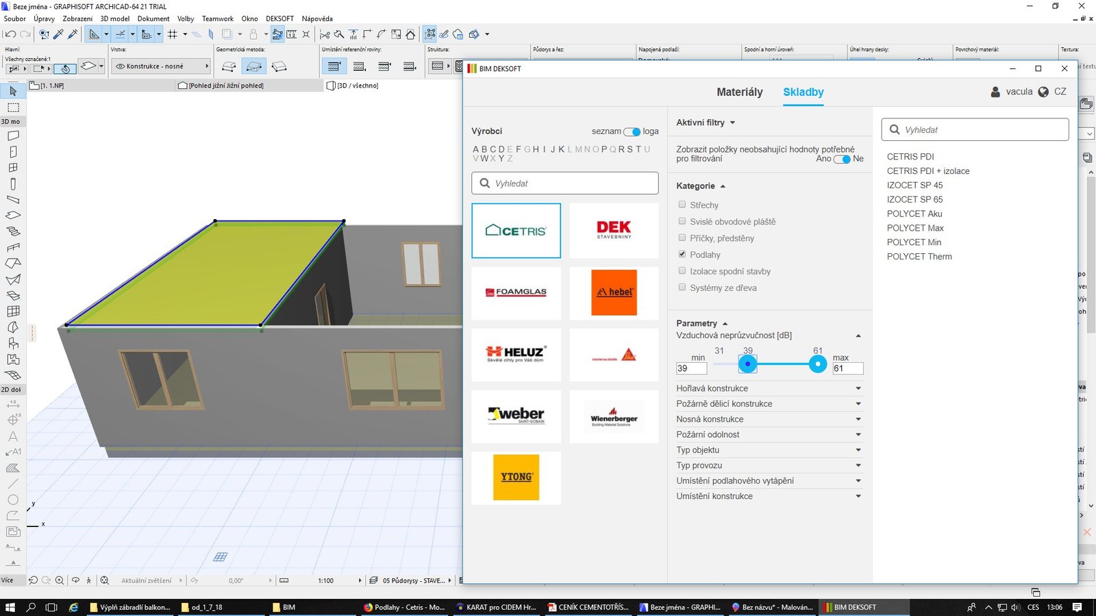 CETRIS-konstruktioner och materiallager i DEKSOFT-katalogen för Archicad.